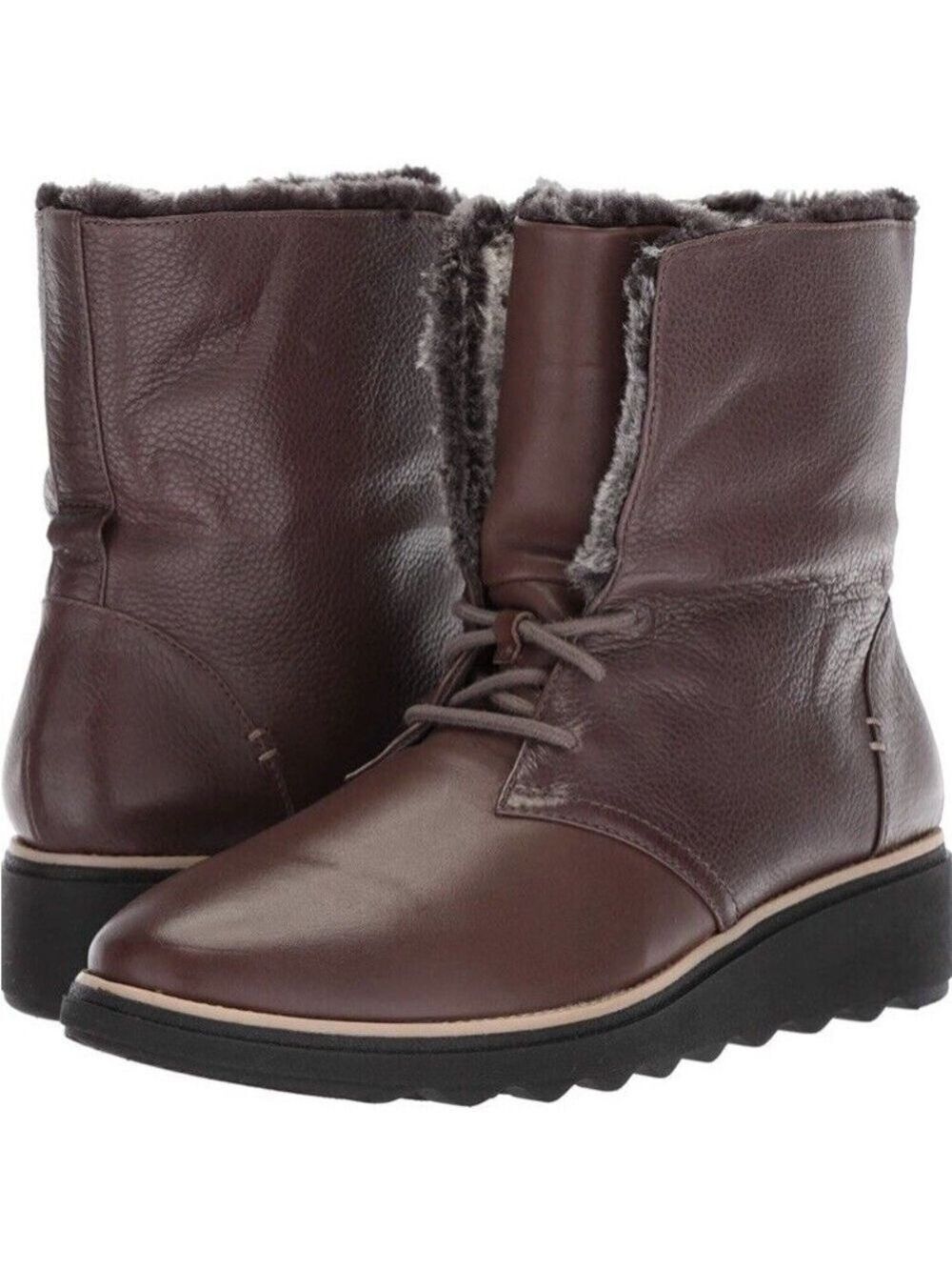 NEW Clarks Shannon Pearl Taupe Leather Lace Up Bootie Boot with Faux Fur Lining